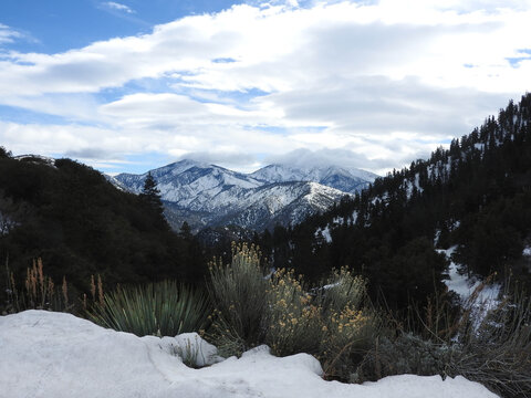 Winter scenery of the snow-covered San Gabriel Mountains, San Bernardino County, California.