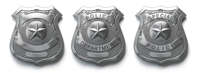 Police metal badge isolated on white Sign and symbol of police. - obrazy, fototapety, plakaty