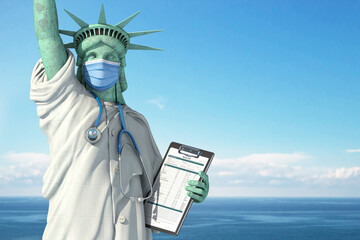 Healthcare system inUSA United States concept. Statue of Liberty as doctor in medical gown with  surgical mask, stethoscope and medical analysis. © Maksym Yemelyanov