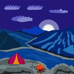Fototapeta na wymiar camping mountain vector illustration, Mountain vector flat illustration.