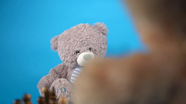 Close up of teddy bears with chess pieces on chessboard. Soft plush toys playing chess on blue background.
