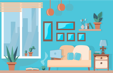 Cozy living room with furniture on the sofa is a laptop, on the floor a cup of hot coffee. Interior with a large window, bedside table, lamp, shelf with books. Vector illustration in a flat style.