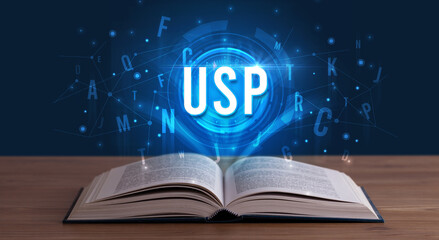 USP inscription coming out from an open book, digital technology concept