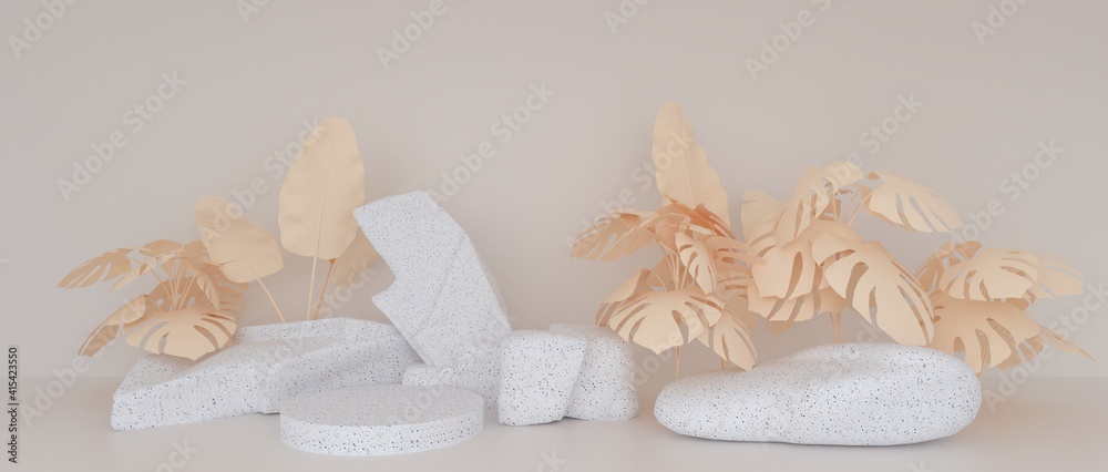 Poster abstract geometric shapes terrazzo or marble surface decorated with monstera leaves. on a creamy bac