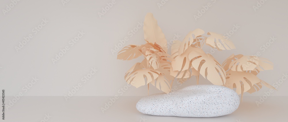 Poster abstract geometric shapes terrazzo or marble surface decorated with monstera leaves. on a creamy bac