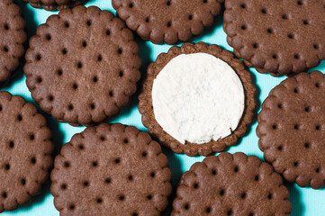 Texture background of rows of chocolate-cream cookies. One cookie with white buttercream.
