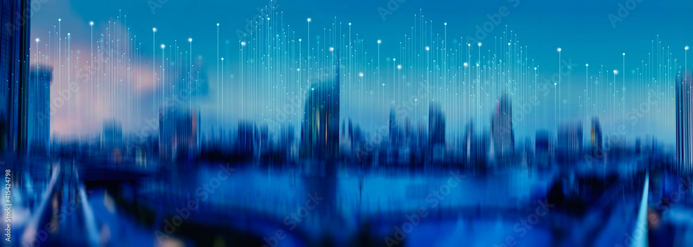 Aufkleber Wireless network and Connection technology concept with Abstract Bangkok city background in panorama view