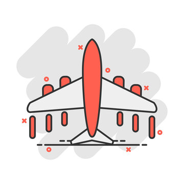 Cartoon airplane icon in comic style. Plane illustration pictogram. Aircraft splash business concept.