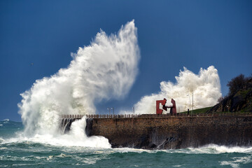 Wave caused by big storm crashing coastline in San Sebastian Donostia