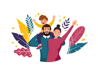 Vector illustration, happy father with his wife and son. Happy Father's Day card design.