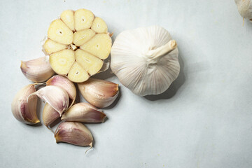 Garlic close-up on white background.
