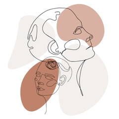 Modern abstract woman faces. Continuous line. Vector design for poster, cards, banding, bags and t-shirt.