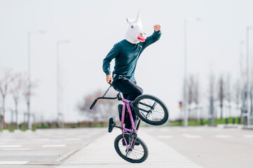 Man with unicorn mask riding a bicycle
