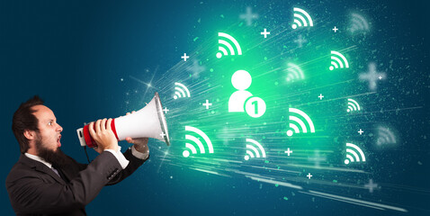 Young person yellin in loudspeaker with friend request icon, social networking concept