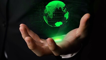 Human hand holding earth globe holographic technology . Futuristic visualization for virtual reality and augmented reality .
