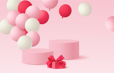 Holiday design template. Festive background with   red and white balloon, gift box and empty pink round podium. Vector stock illustration.