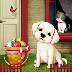 Festive Easter greeting card or poster with little puppy and kitten and basket with Easter eggs