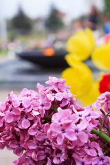 International Day of Remembrance of Those Who Died in Wars and Fascism. May 9 Victory Day. Flowers at the memorial complex near the eternal flame.