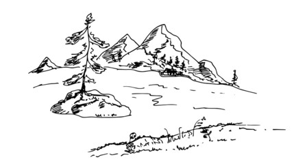 Landscape with mountains, a lake, a tree. Vector illustration.