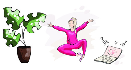 A girl, a woman in a red suit is engaged in stretching. Vector illustration.