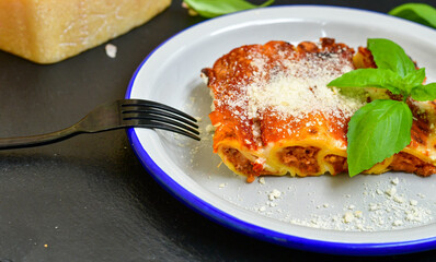 Cannelloni bolognese and parmesan cheese  on a wooden rustic  background.Home made italian meal
