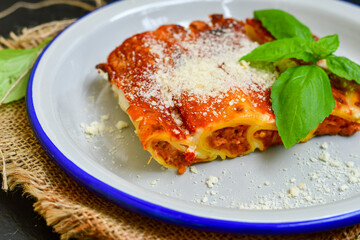 Cannelloni bolognese and parmesan cheese  on a wooden rustic  background.Home made italian meal