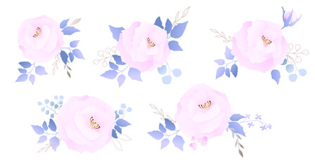 Pink pastel roses with blue leaves. Flower set. Vector illustration.
