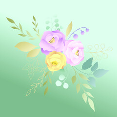 Delicate pink, yellow rose with silver dollar tree leaves. Vector illustration.