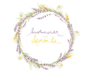 Cards for Wedding invitation. Vector design element, wreaths of lavender, chamomile and wheat ears, medicinal herbs, calligraphy lettering.	