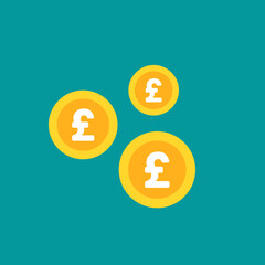 Gold pound sterling coins on turquoise background. Flat vector illustration.