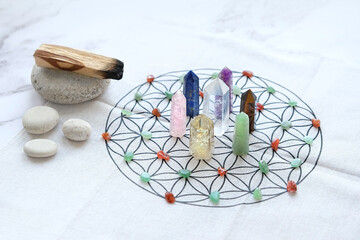 quartz crystals grid Altar Kit and palo santo. Crystals Layout, gemstones Ritual. Healing minerals for Chakra Relaxation, Wiccan Witchcraft. life balance, esoteric, spiritual practice concept