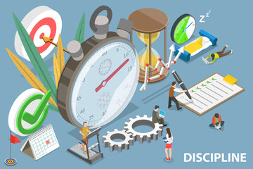 3D Isometric Flat Vector Conceptual Illustration of Discipline and Self Control, Productive Time Management.