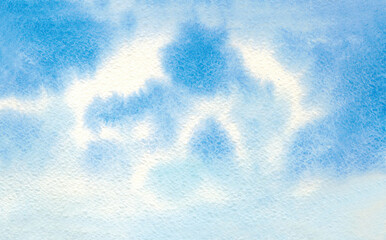 Watercolor background of sky and clouds. Blue watercolor texture. Drawn by hand. Can be used as a banner, poster and for your other designs.