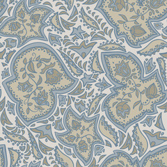 Vector seamless pattern decoration of rose flowers, leaves and abstract geometrical figures.