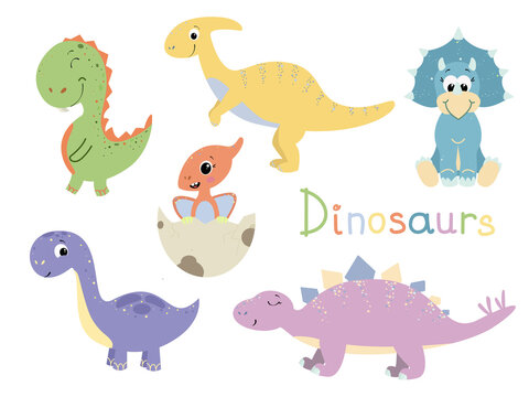 Set of cute dinosaurs on white background in flat design. Triceratops, Brontosaurus, Parasaurolophus, Tyrannosaurus, Stegosaurus, and Pterodactyl. Vector illustration with prehistoric wildlife.