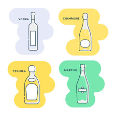 Bottle vodka champagne tequila martini line art in flat style. Restaurant alcoholic illustration for celebration design. Beverage outline icon. Isolated on shape background in graphic style.