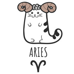 Naklejka premium Aries sign of the zodiac, Cat zodiac, Astrological Sign. Cat horoscope. Zodiac of pets. The hand drawing is isolated on a white background