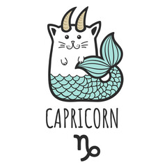 Capricorn sign of the zodiac, Cat zodiac, Astrological Sign. Cat horoscope. Zodiac of pets. The hand drawing is isolated on a white background