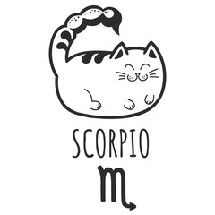 Scorpio sign of the zodiac, Cat zodiac, Astrological Sign. Cat horoscope. Zodiac of pets. The hand drawing is isolated on a white background