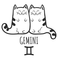 Gemini sign of the zodiac, Cat zodiac, Astrological Sign. Cat horoscope. Zodiac of pets. The hand drawing is isolated on a white background