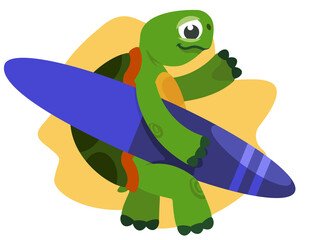 Turtle holding surfboard. Anthropomorphic animal in cartoon style.