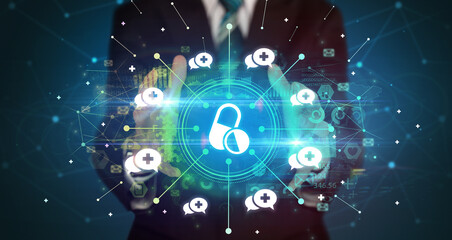 Elegant hand holding medication icon, healthcare concept