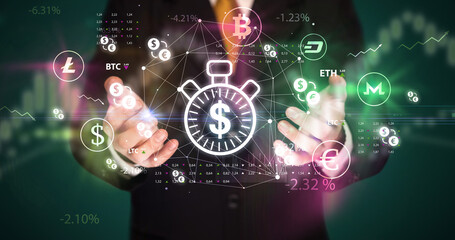 Businessman holding time is money symbol, investment concept