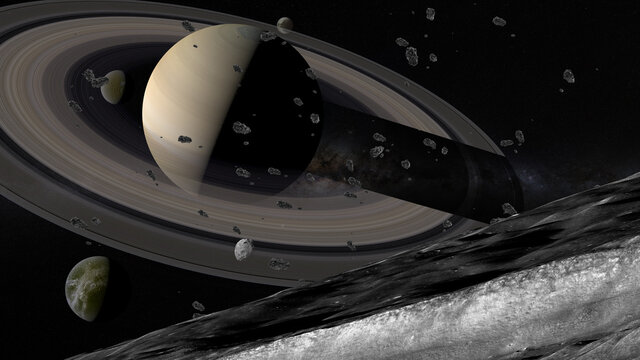 planet saturn and moons tethys, iapetus,dione ,with asteroid belt 3d  illustration Stock Illustration | Adobe Stock