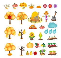 Set of kids cartoon autumn icons isolated on white background. Vector cliparts of yellow trees and bushes with fruits, haystack, garden scarecrow, shovel, cloud, raindrops and vegetables icons