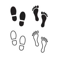 Collection of footprints shoes human walking and shoe sole feet footsteps people. Footsteps icon or sign for print, isolated on white background - vector design