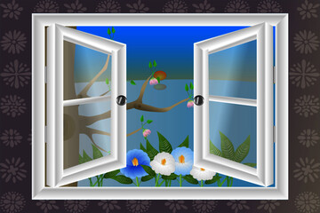 Vector illustration : Open white window on bright sunny day with outdoor view of a tree with flowers and green leaves, blue sky and sun.