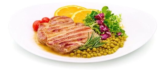 Grilled juicy pork steak with rosemary, fried meat, close-up, isolated on white background