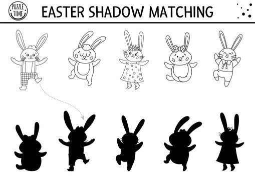 Easter black and white shadow matching activity for children with bunny family. Outline spring puzzle with cute animals. Holiday celebration educational game for kids. Find the correct silhouette .