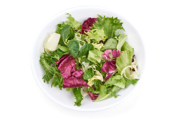 Salad mix with rucola, frisee, radicchio and lamb's lettuce, isolated on white background